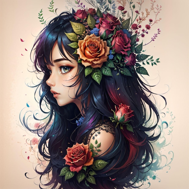 Pintura colorida de uma mulher com flores