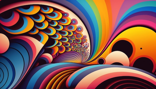 Una pintura colorida de un diseño en espiral con las palabras "arcoíris" en la parte inferior.