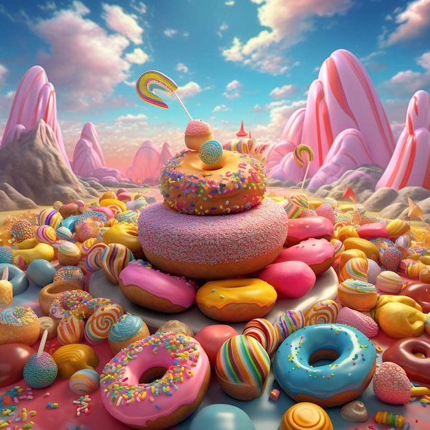 Una pintura colorida de un donut con chispas de arcoíris encima.