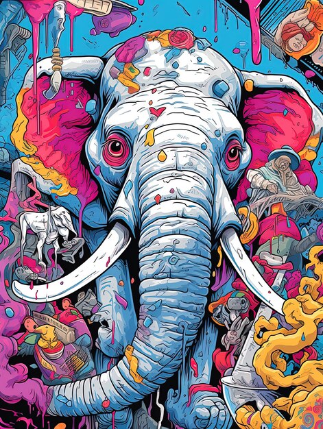 una pintura colorida de un elefante con la palabra colmillos en él