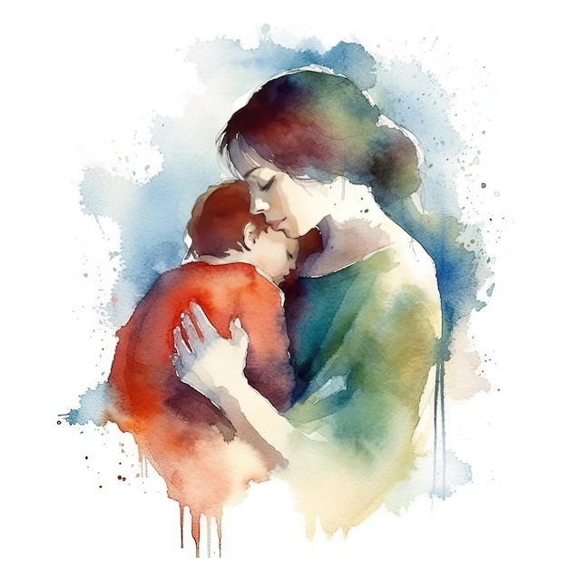 Pintura colorida em aquarela de uma mãe com seu filho