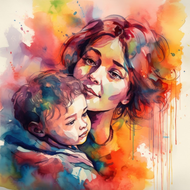 Pintura colorida em aquarela de uma mãe com seu filho