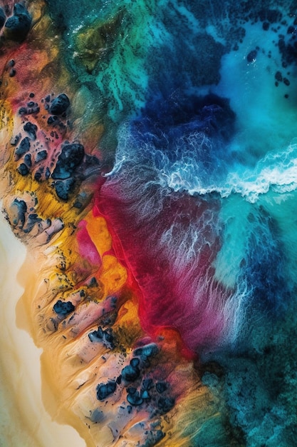 Una pintura colorida de una escena colorida del océano.