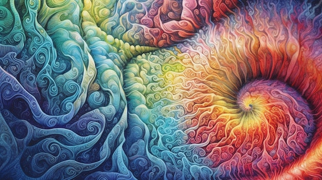 Una pintura colorida de una espiral con la palabra mente.