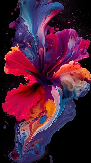 Una pintura colorida de una flor con un fondo negro.