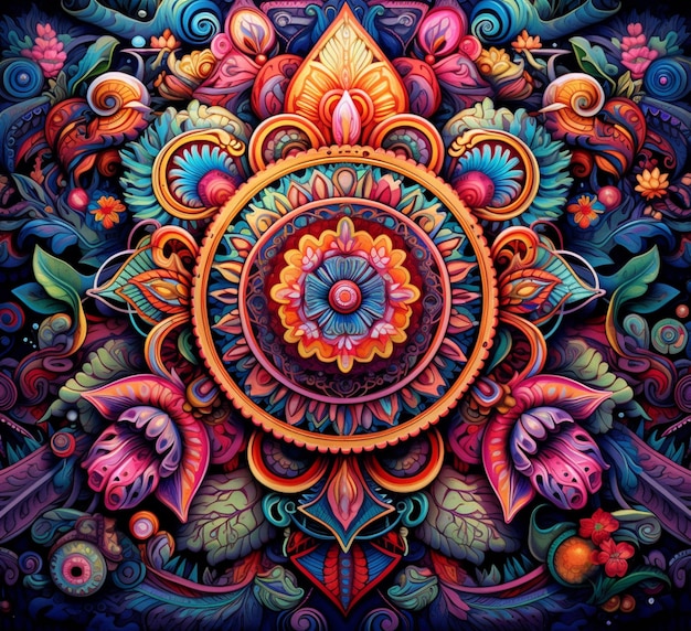 Una pintura colorida de una flor con la palabra lotus en ella.