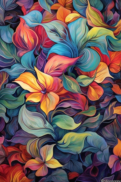 una pintura colorida de flores con los colores de las hojas