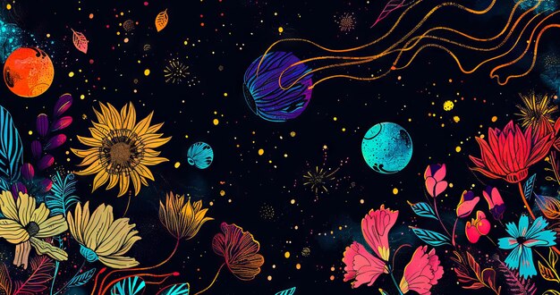 Una pintura colorida de flores y estrellas