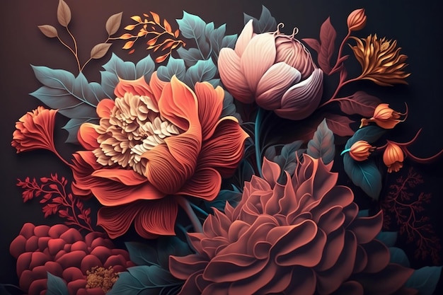 Foto una pintura colorida de flores y hojas con la palabra flor.