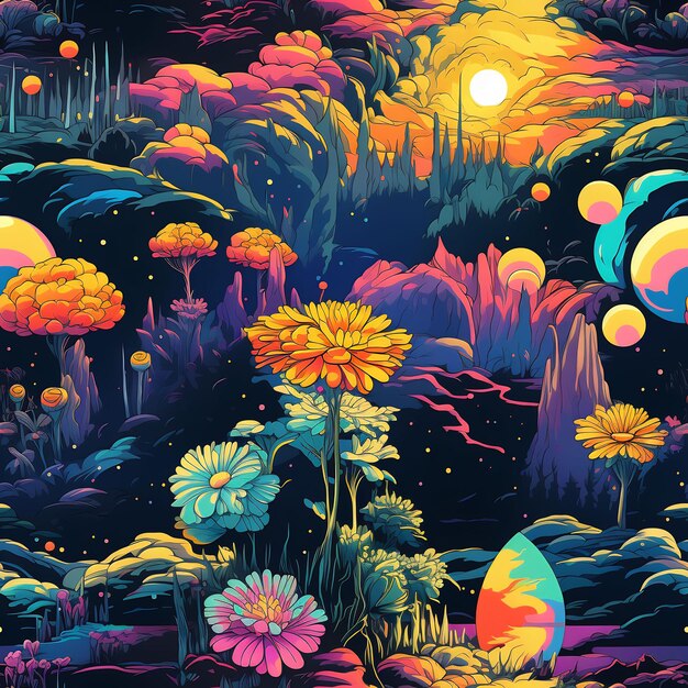 una pintura colorida de flores y la luna