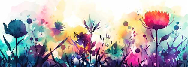 Una pintura colorida de flores sobre un fondo blanco Ilustración de pradera de flores abstractas coloridas