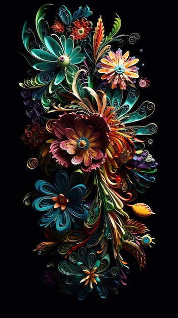 Una pintura colorida de flores sobre un fondo negro