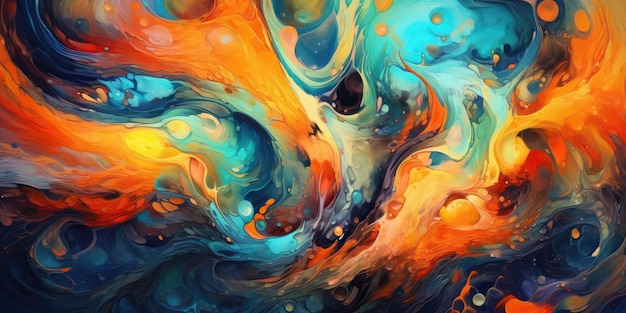 Una pintura colorida con un fondo azul y colores naranja y azul.