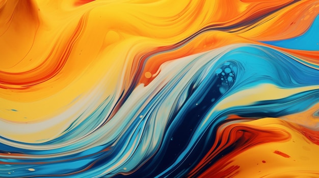 Una pintura colorida con un fondo azul y naranja.