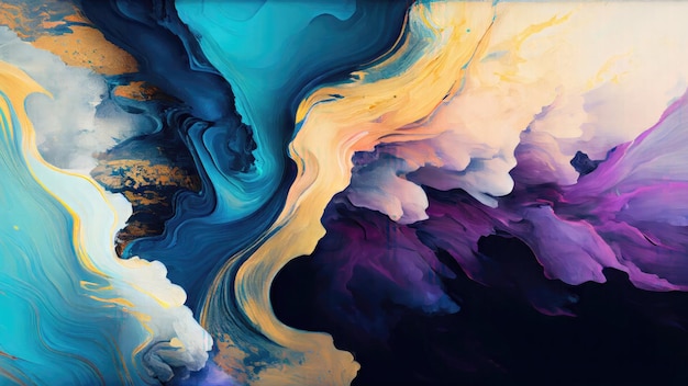 Una pintura colorida con un fondo azul y una nube en el medio.