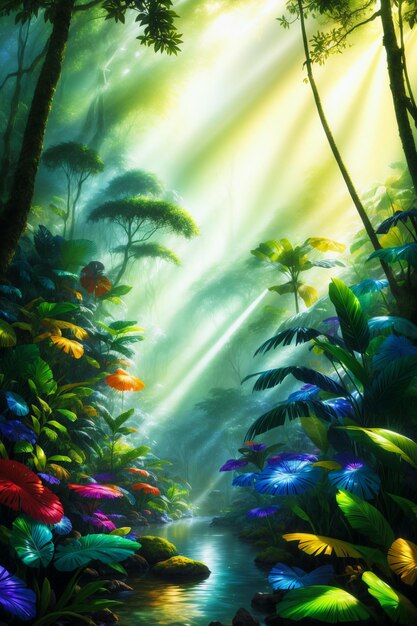 Pintura colorida del fondo de la selva tropical Ilustraciones generativas de IA