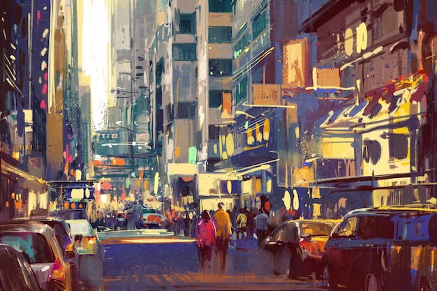 Pintura colorida de gente caminando por las calles de la ciudad, ilustración de paisaje urbano