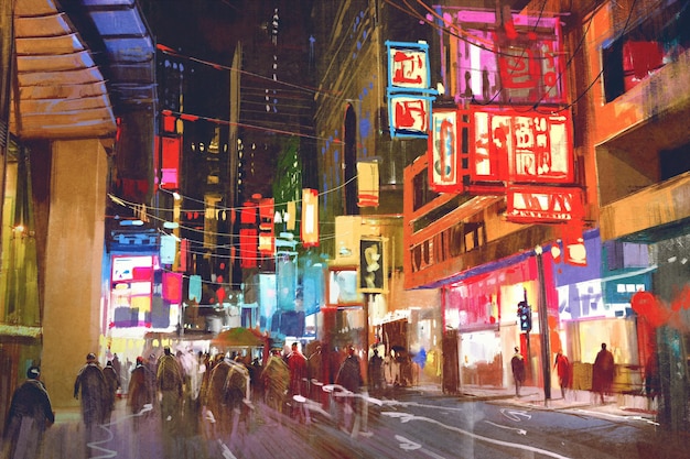 Pintura colorida de gente caminando por las calles de la ciudad por la noche, ilustración de paisaje urbano