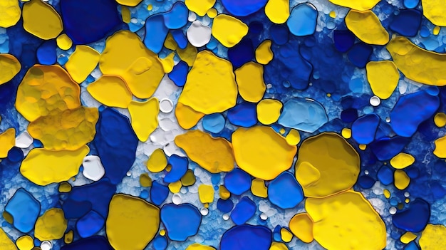 Una pintura colorida con gotas de pintura azul y amarilla.