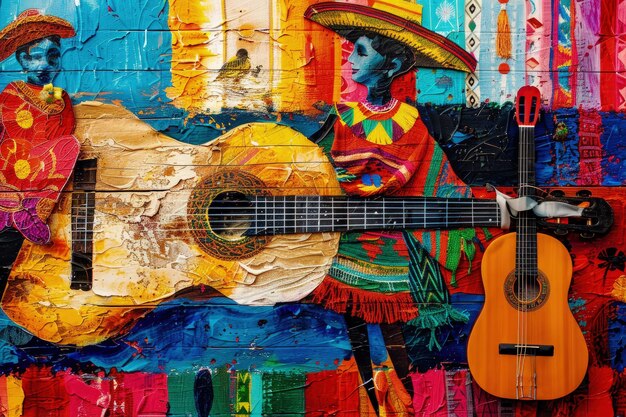 Una pintura colorida de una guitarra y un hombre con un sombrero