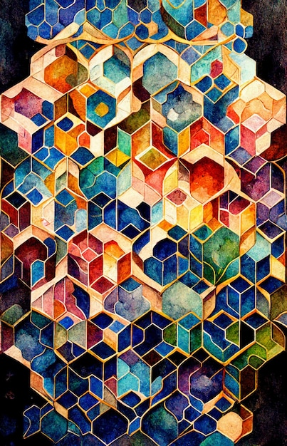 Una pintura colorida de hexágonos con la palabra hexágono.