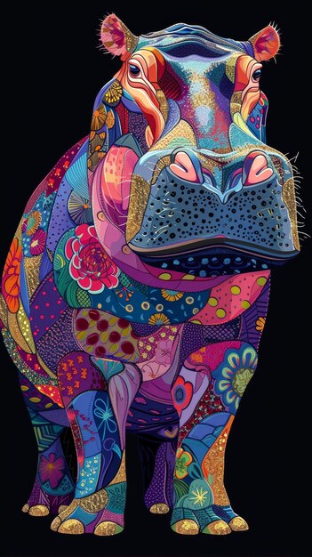 Una pintura colorida de un hipopótamo con un patrón floral en su cuerpo