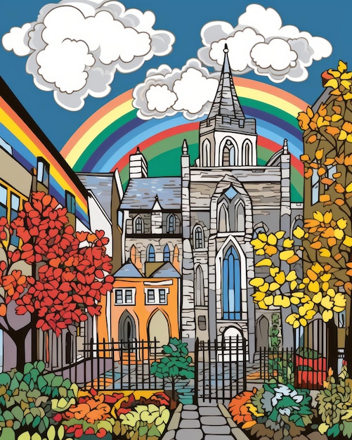 una pintura colorida de una iglesia con un arco iris de fondo