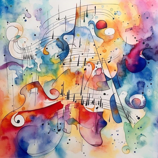 una pintura colorida de un instrumento musical con un fondo colorido.