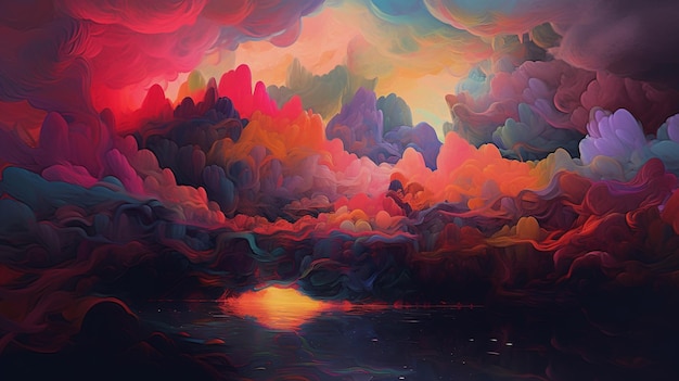 Una pintura colorida de un lago con un cielo lleno de nubes.
