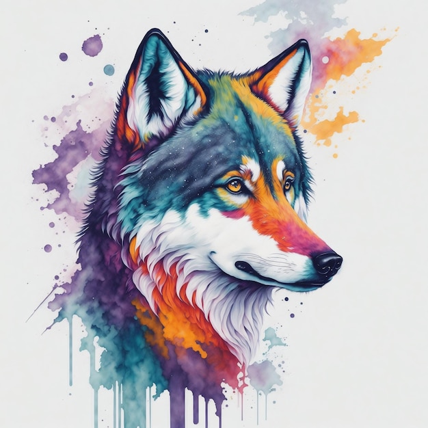 Una pintura colorida de un lobo con cabeza y ojos.