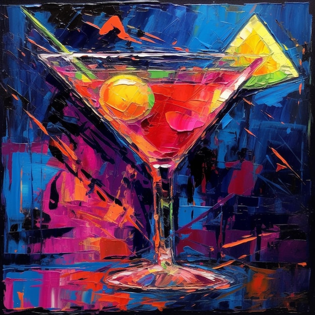 Una pintura colorida de un martini con una rodaja de limón en la parte inferior.