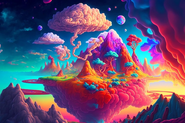 Una pintura colorida de una montaña rodeada de nubes.