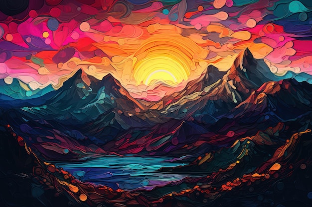 Una pintura colorida de montañas y una puesta de sol con la puesta de sol en el horizonte.