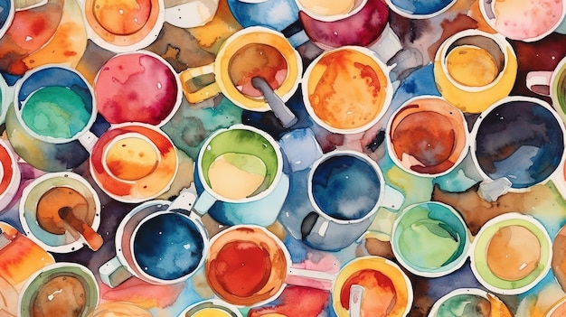 Una pintura colorida de muchas tazas de diferentes colores.