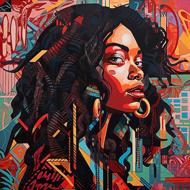 Una pintura colorida de una mujer con cabello largo y una cara negra y roja.