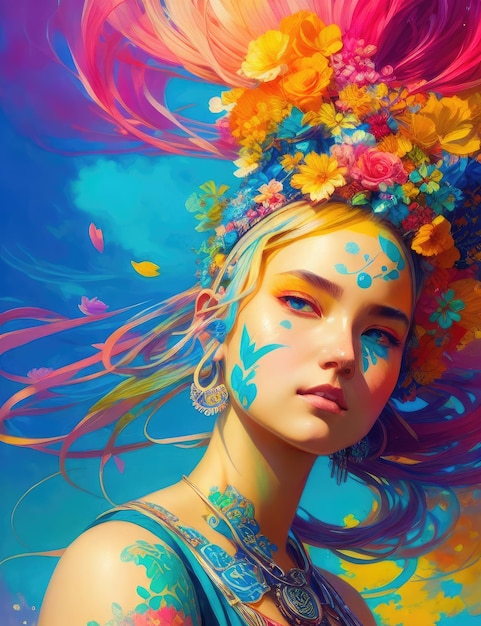 Una pintura colorida de una mujer con flores en la cabeza.