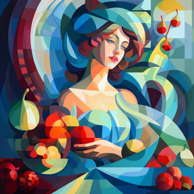 Una pintura colorida de una mujer con frutas en sus manos.