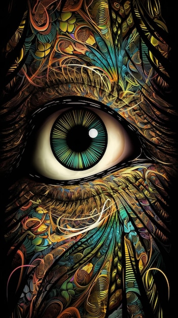 Una pintura colorida de un ojo con un pájaro en él