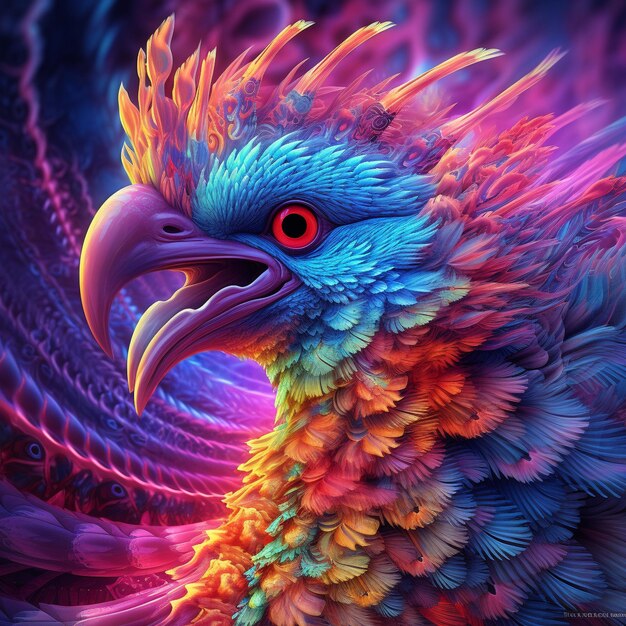 Pintura colorida de un pájaro de fantasía mística.