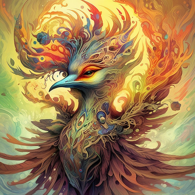 Pintura colorida de un pájaro de fantasía mística.