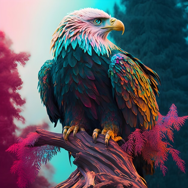 Una pintura colorida de un pájaro con un fondo rosa y azul.