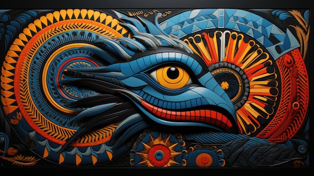 Una pintura colorida de un pájaro con un ojo Imagen digital Arte tribal