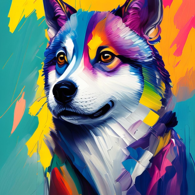 Una pintura colorida de un perro beagle con una nariz negra y un ojo amarillo