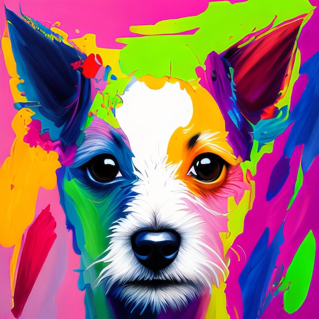 Una pintura colorida de un perro jack russell con ojos negros y una cara blanca