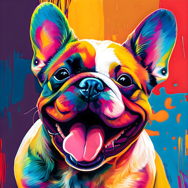 Una pintura colorida de un perro con una lengua rosa