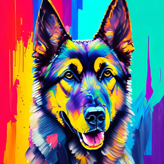 Una pintura colorida de un perro con la palabra alemán