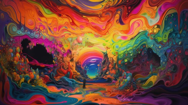 Una pintura colorida de una persona caminando a través de un túnel con las palabras 'arco iris' en él