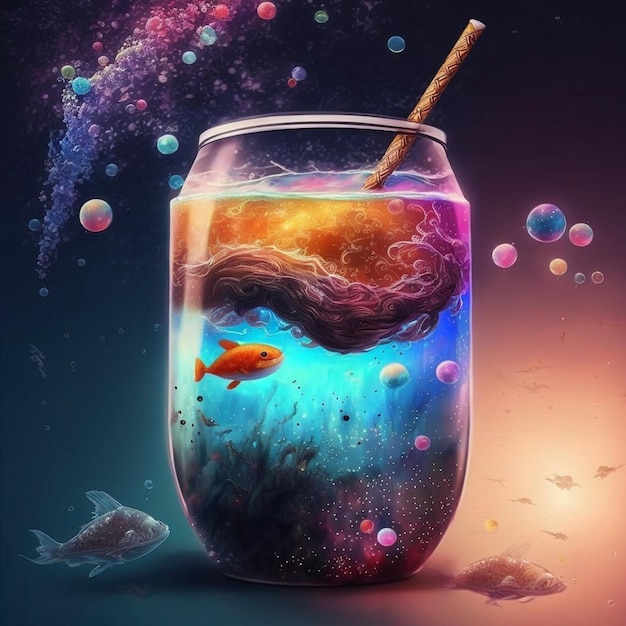 Una pintura colorida de un pez en un frasco de vidrio con un fondo de galaxia.