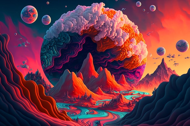 Una pintura colorida de un planeta con una montaña al fondo.