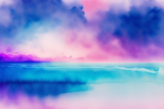 Una pintura colorida de una playa con un cielo azul y nubes.